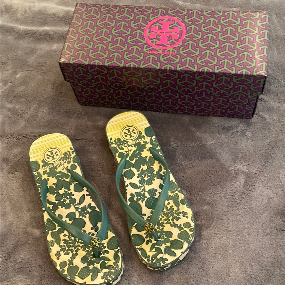 Tory Burch Green and Yellow Sandals with Floral Design